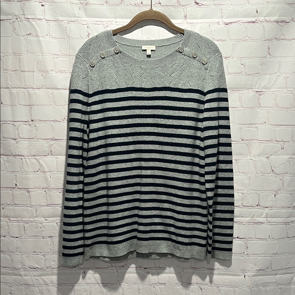 Talbots Gray‎ and Navy Blue Striped Crewneck Knit Sweater Woman’s Size Large